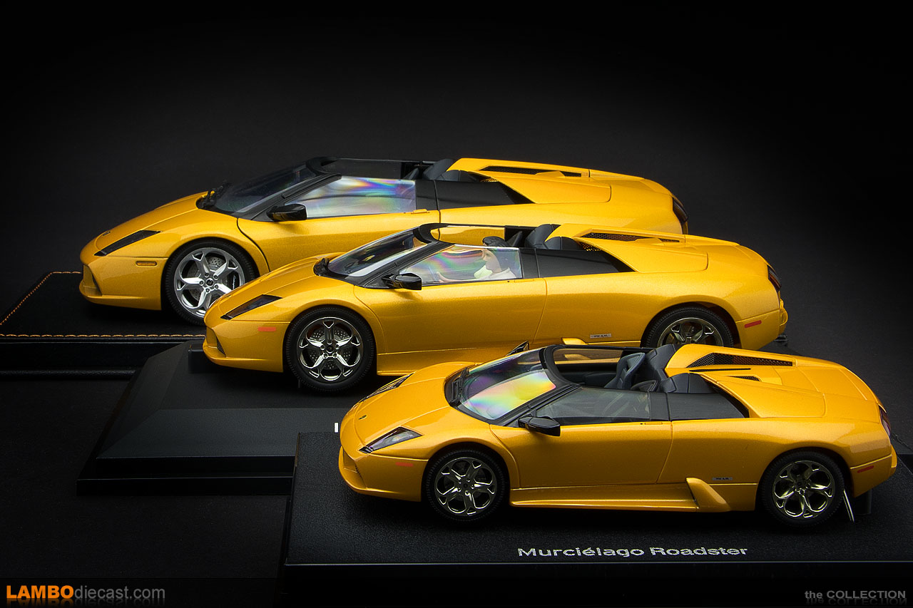 Side view of three different scales on the Lamborghini Murcielago roadster by AUTOart