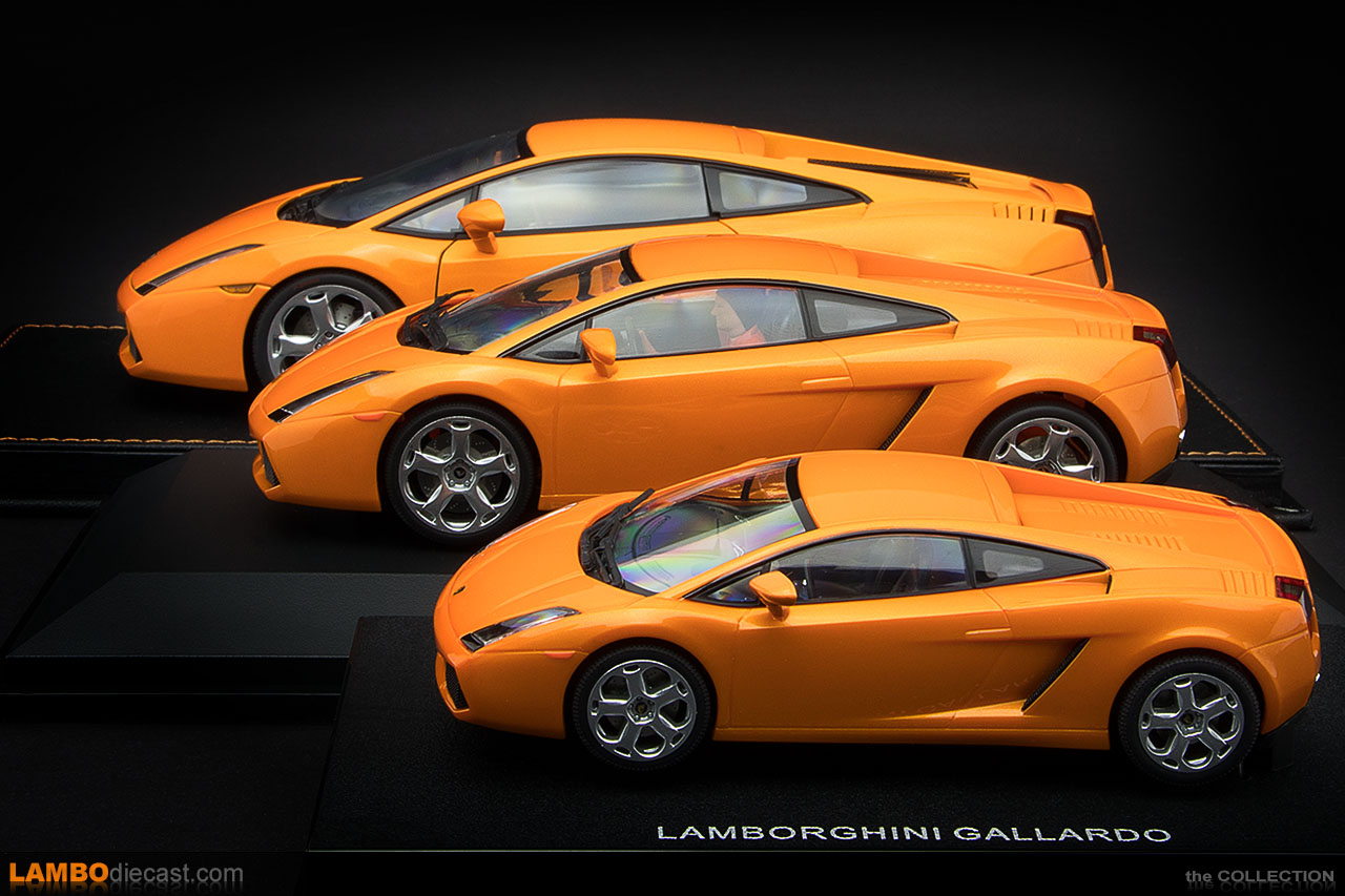 Side view of three different scales on the Lamborghini Gallardo by AUTOart