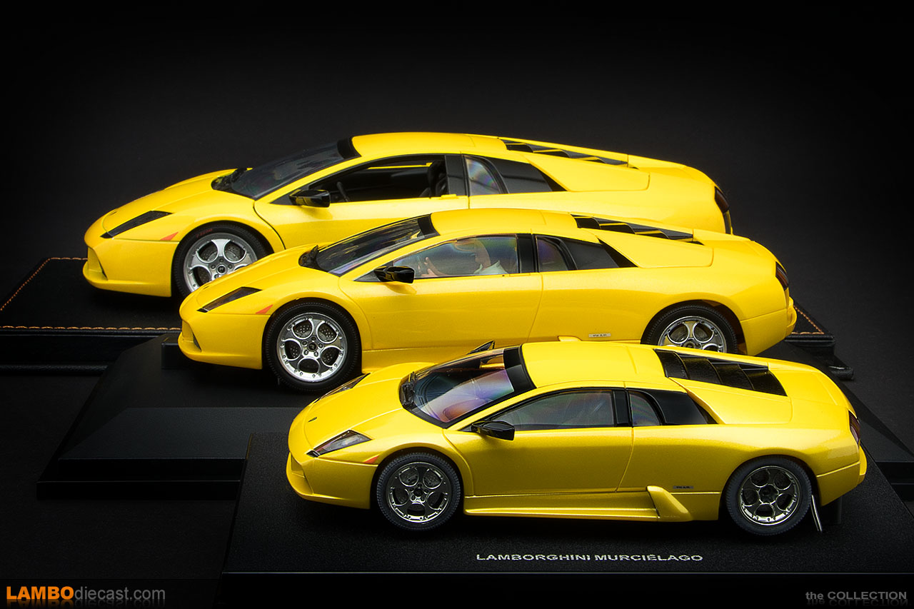 Side view of three different scales on the Lamborghini Murcielago by AUTOart