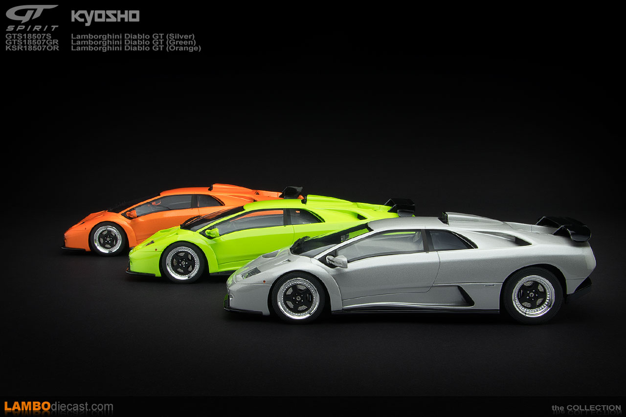 Side view of the three Lamborghini Diablo GT by GT Spirit/Kyosho